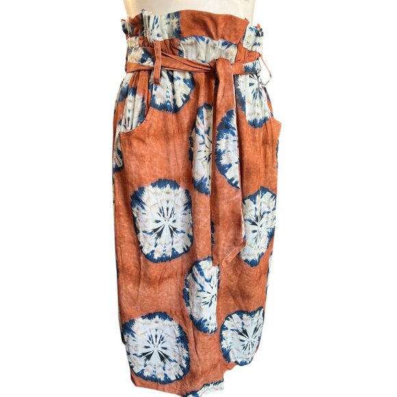 Anthropologie Porridge Skirt Size M Tie Pockets Rust Blue Off White Belt Cotton - Picture 2 of 12